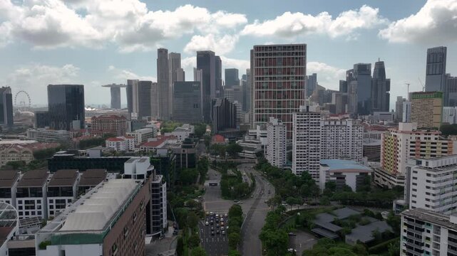 day time singapore city downtown district traffic street crossroad aerial panorama 4k 