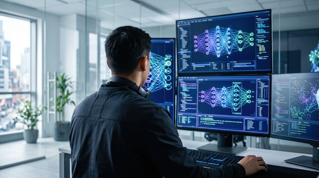 Software developer working on artificial intelligence neural network data analysis, programming code on multiple monitors in modern office, machine learning concept