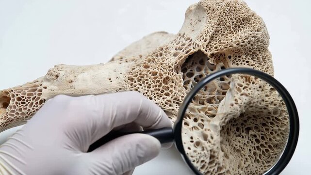 Porous bone structure with intricate texture on clean white surface, with single hand holding magnifying glass, medical research, osteoporosis and anatomy concept, 4K video