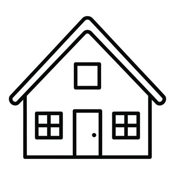 Simple line drawing of a house with a triangular roof and windows icon