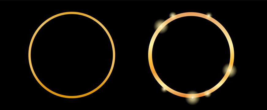 Comparison of two circular frames, featuring a simple gold ring and one with sparkling light effects, on black