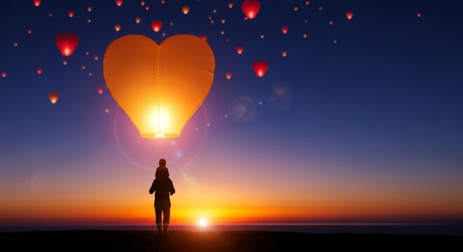 Glowing heart-shaped lanterns float in a twilight sky above a tall silhouette carrying a smaller one against a scenic sunset horizon, connection, shapes, affection