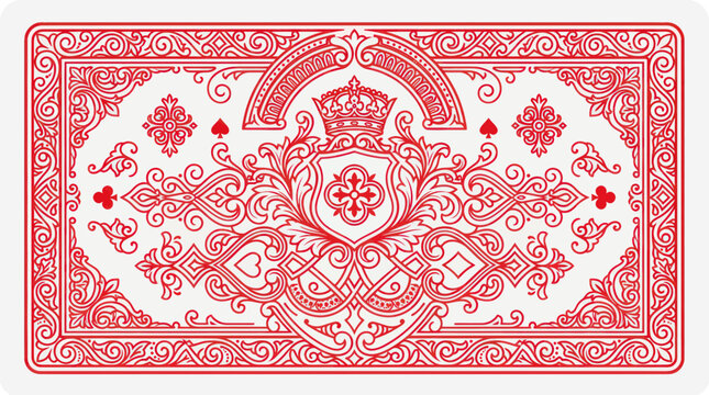 Ornate Red and White Playing Card Back Design with Crown and Crest