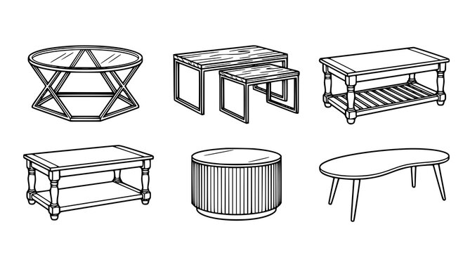 A collection of six different coffee table styles and designs in black and white line drawings for furniture inspiration