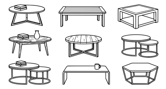 A collection of 9 simple line drawings of various coffee tables and side tables with different shapes and designs