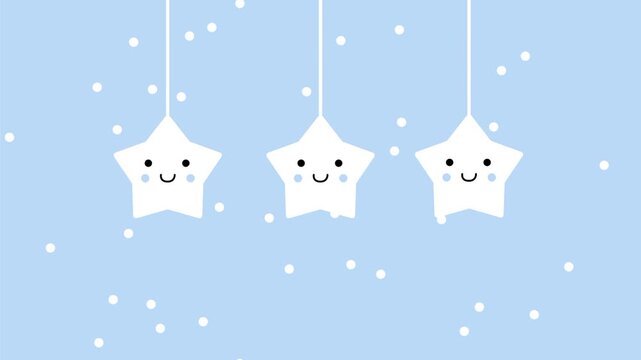Three cute white star characters on strings hanging like ornaments against a soft blue sky background in kawaii style