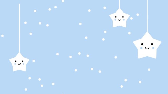 Two cute white star characters hanging on strings with small decorative stars scattered on a soft blue background in kawaii style