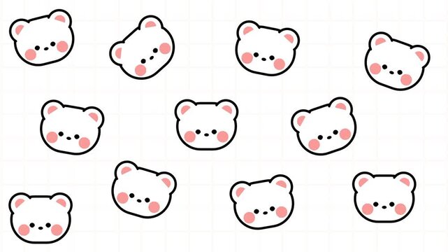 Many cute white kawaii bear faces scattered all over a white background creating a fun dense repeating pattern design