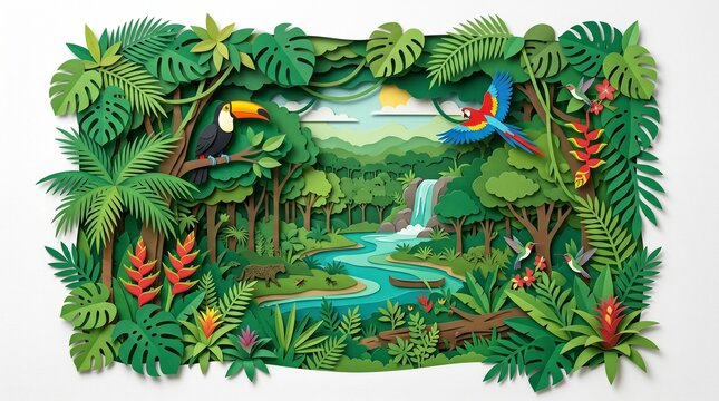Vibrant Paper Cut Tropical Jungle with Exotic Wildlife, River, and Waterfall