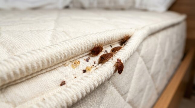 Several bed bugs crawl on a white mattress. The bugs are reddish-brown and have dark spots.