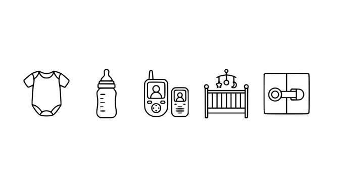 Baby essentials icons line drawing