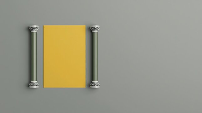 Elegant Yellow Book Displayed Between Two Silver Pillars on a Gray Background.