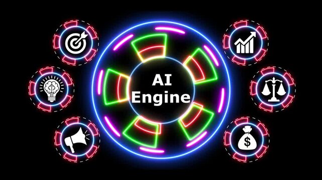 Ai engine concept with neon digital elements and diverse business icons loop.