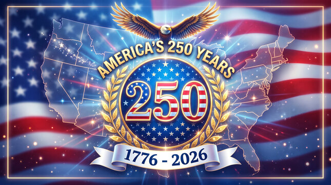 America 250 years anniversary celebration from 1776 to 2026, with bald eagle and usa map on american flag background.