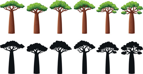 African baobab tree flat design vector illustration set with exotic safari plants isolated on white background © MstBizly
