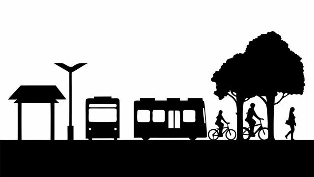Silhouette of a city street scene with a bus stop, a bus, cyclists, and a pedestrian under a tree