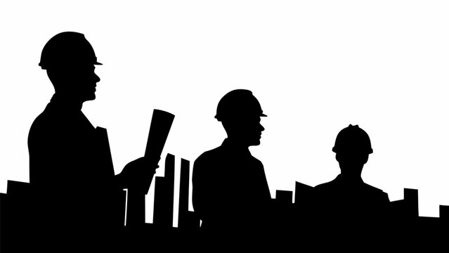 Silhouettes of three construction workers or engineers wearing hard hats looking at blueprints against a city skyline
