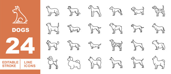 Dogs Line Icon Set. Poodle, Husky, Dalmatian, Beagle, Bulldog, Corgi, Boxer, Terrier, Dachshund, Retriever, Pug, Hound, Puppy, Canine, Domestic, Purebred, Mammal, Breed, Animal, Pet. © Catostd