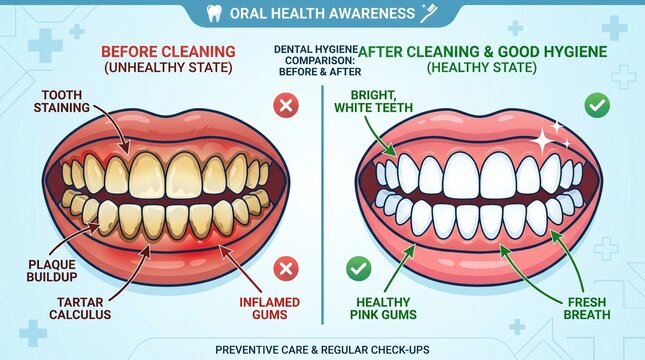 Dental Hygiene Comparison Illustration Showing Healthy and Unhealthy Teeth Condition