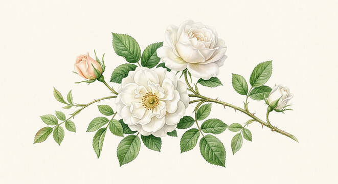 Soft-toned garden rose illustration with detailed petals and foliage, creating a timeless and sophisticated look.