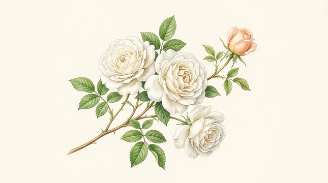 Soft-toned garden rose illustration with detailed petals and foliage, creating a timeless and sophisticated look.