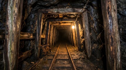 Fototapeta premium Looking down narrow abandoned mine tunnel with wooden support frames running full length, rough rock walls, rail tracks on floor disappearing ahead, single bare light bulb on wire at mid-distance