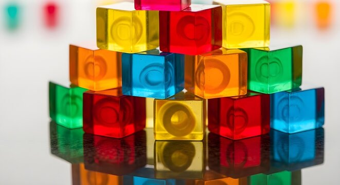 A colorful stack of translucent cubes on a reflective surface indoors