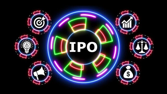 Ipo initial public offering neon icons with glowing circles on a spinning animated background.