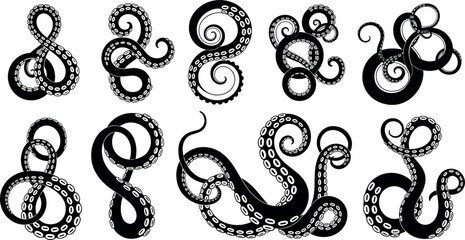 Black octopus tentacles vector set with curved monster suckers isolated on white background for tattoo and logo design © MstBizly