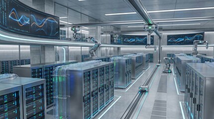 Obraz premium Advanced technology data center with robotic arms and futuristic displays