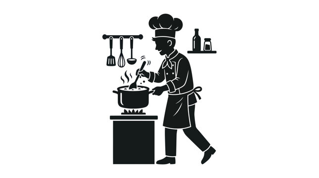 Chef Cooking Food in Kitchen Silhouette, Restaurant Kitchen Scene