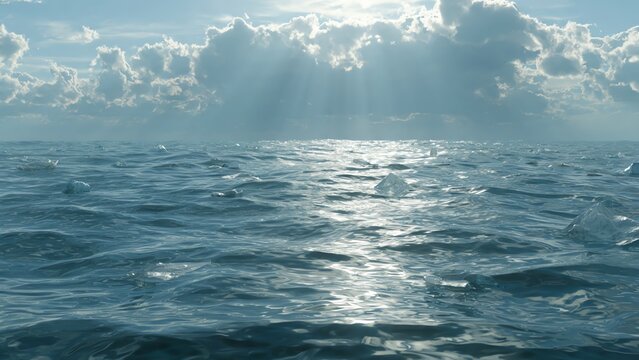 Serene ocean landscape with sun rays breaking through clouds