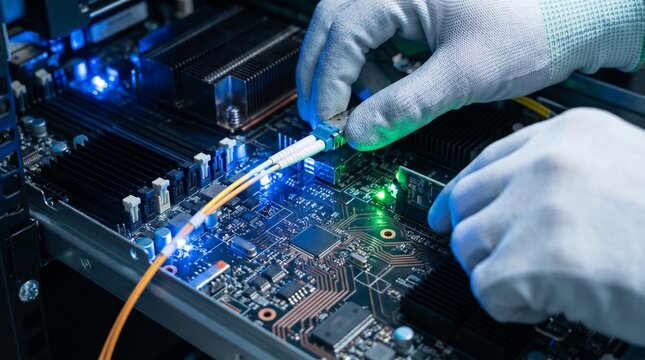 Professional IT Technician Performing Hardware Maintenance and Installing Fiber Optic Cables on a Data Center Server Motherboard
