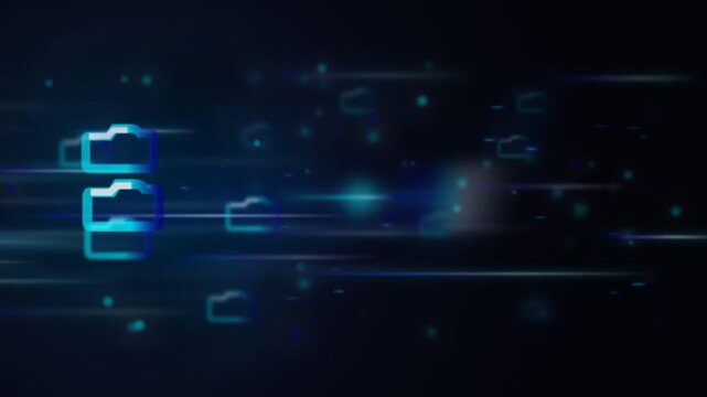 Glowing folder icons with digital light streaks on dark screen, file sharing network interface, technology data transfer