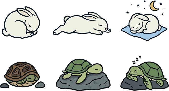 Cute Cartoon Rabbit and Turtle Character Set with Sleeping, Running, and Resting Poses for Kids, Stickers, and Animal Designs