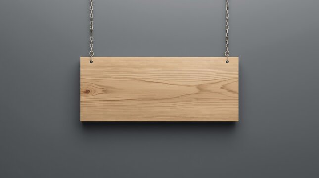 Wooden Signboard Hanging on Chains Against a Gray Background.