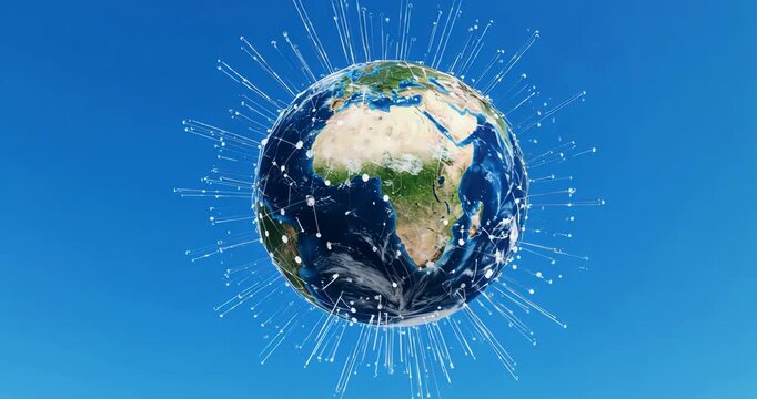 Silver Digital Network Wrapping Earth on Bright Blue Sky Background