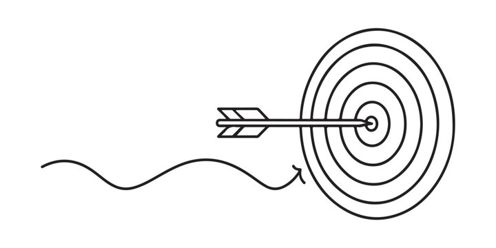 Archery target board with flying arrow and wavy path line showing long journey towards goal success strategy.