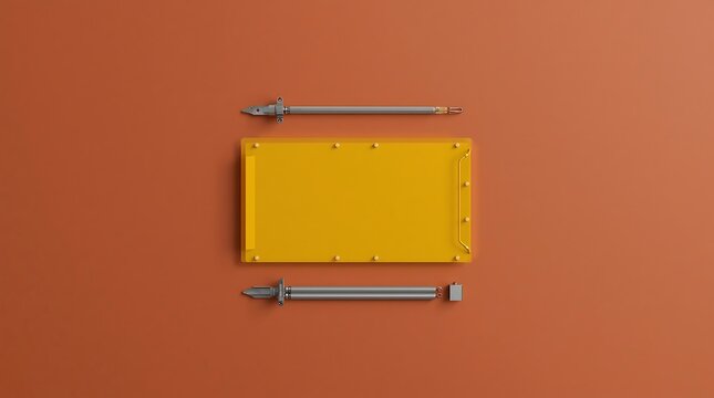 Yellow notepad with two pens on a brown surface, top view.