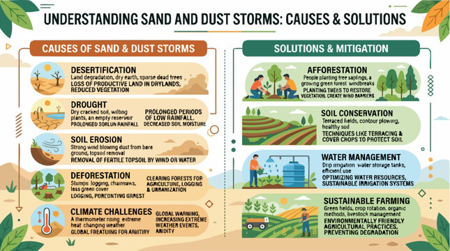 Educational environmental infographic vector, understanding sand and dust storms causes and solutions, climate change and desertification mitigation poster