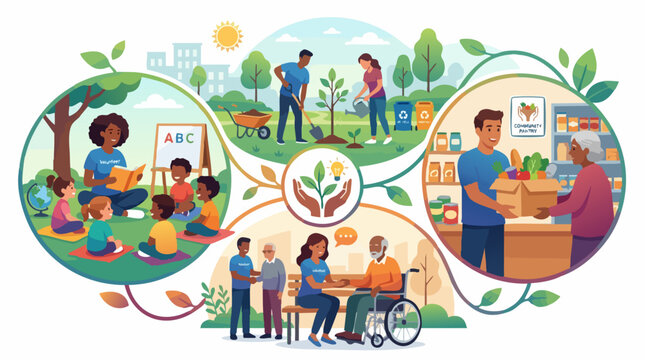 Community volunteer service concept vector, diverse people volunteering for social charity work, non-profit organization activities and altruism