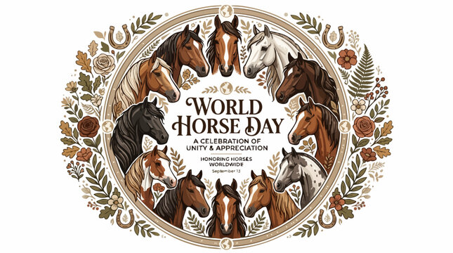 Vintage World Horse Day illustration, circular horse breed portraits with floral wreath, equestrian celebration emblem for unity and appreciation