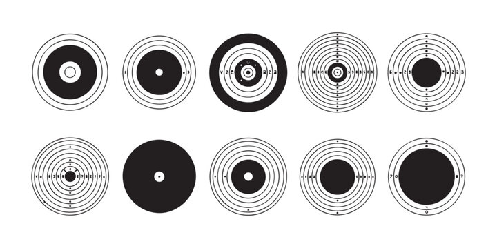 Ten detailed circular shooting range target paper designs for training and precision practice on light backdrop.