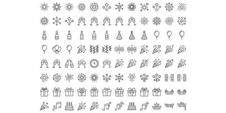 Celebration Outline Icons Collection with Fireworks Champagne and Festive Decorations