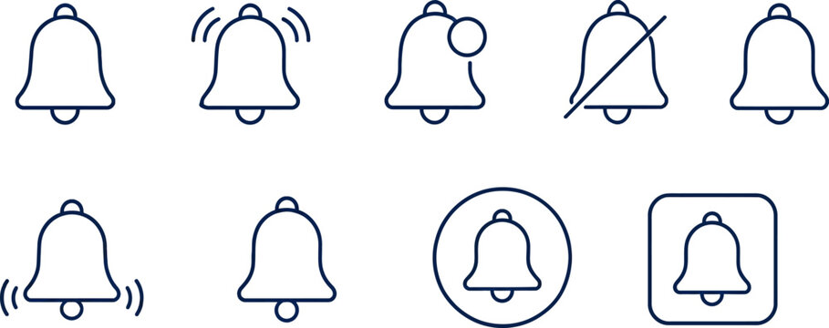 9 Minimal Bell Linear Icons Set &ndash; Notification, Alert & Ringing Outline Vector Collection