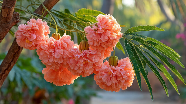 Close-up of pink powder puff flowers blooming on a tree branch in soft sunlight
