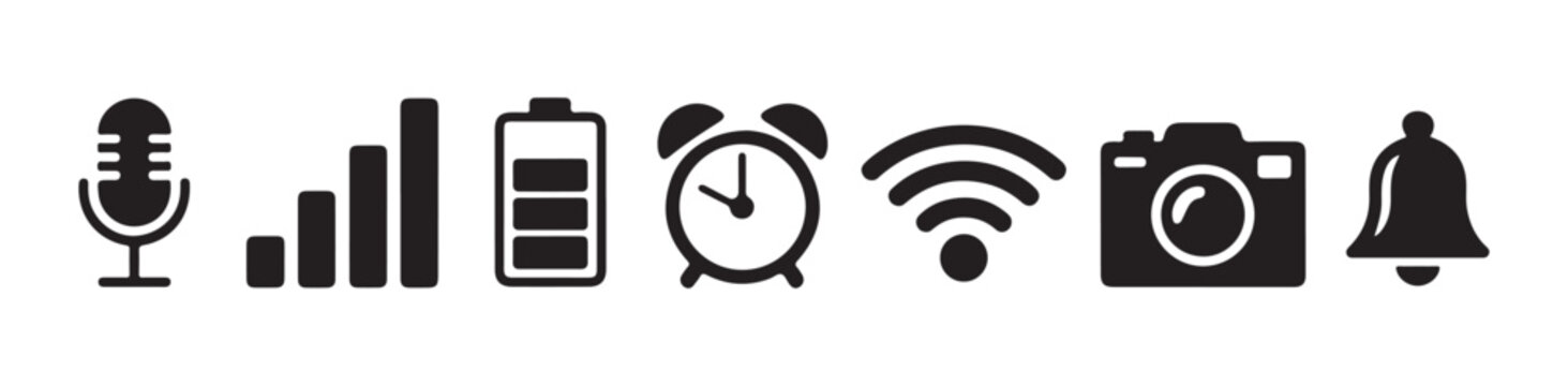 Set of simple universal icons including microphone signal battery alarm clock wifi camera and bell symbol.