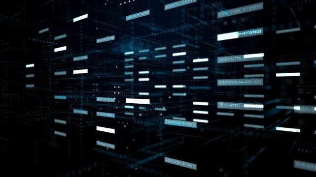 Abstract cyber technology background with glowing code streams, digital big data processing and 3D computer interface visualization.
