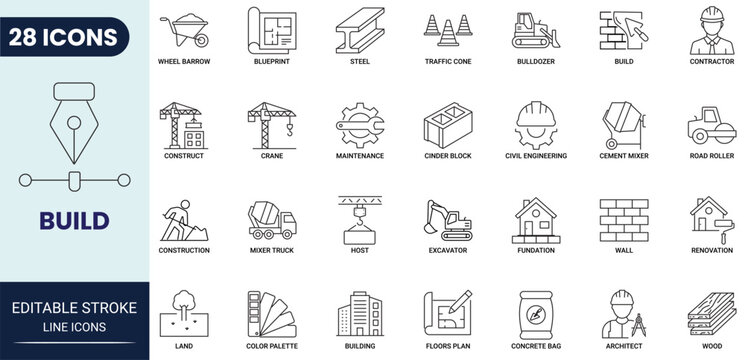 Build icon set in outline style. Collection of build, construction, tools, development, engineering, and architecture icons. Editable stroke. Vector icon collection.