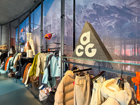 Shanghai, China - November 27, 2025: Nike ACG Outdoor Apparel Section Wide View in Flagship Store